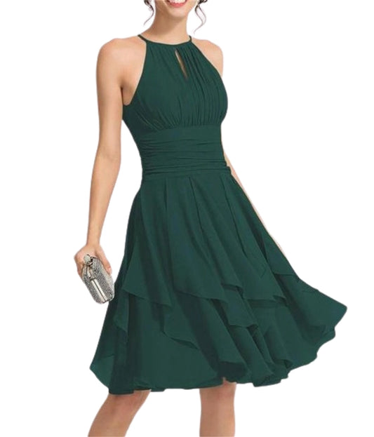 Green Midi Halter Neck Ruffles Dress
