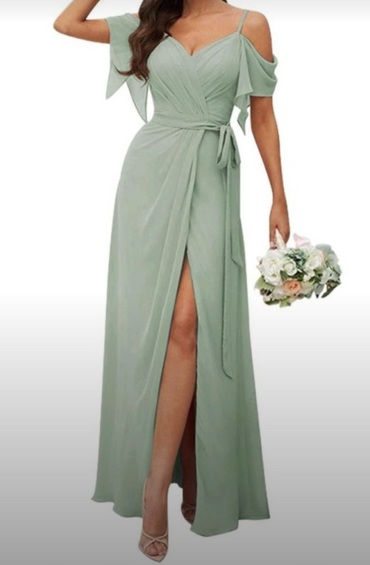 Sage green Pleated Cold Shoulder Bridesmaid Dress