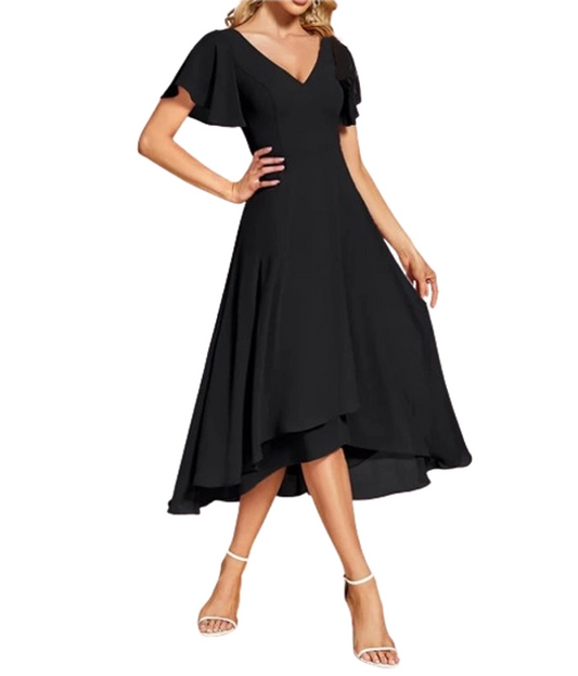 V-Neck Ruffle Sleeves Bridesmaid Dress in Black