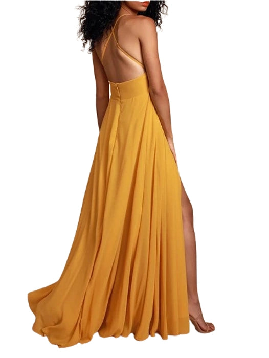 Mustard Yellow Backless Maxi Dress with Slit iwearmystyle Mustard Yellow Backless Maxi Dress with Slit iwearmystyle