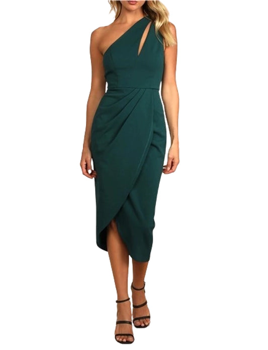 One Shoulder Cutout Asymmetrical Dress in Bottle Green