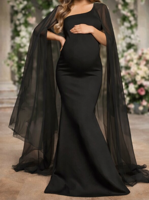 Black Neoprene Maternity Dress with Georgette Cape Sleeves