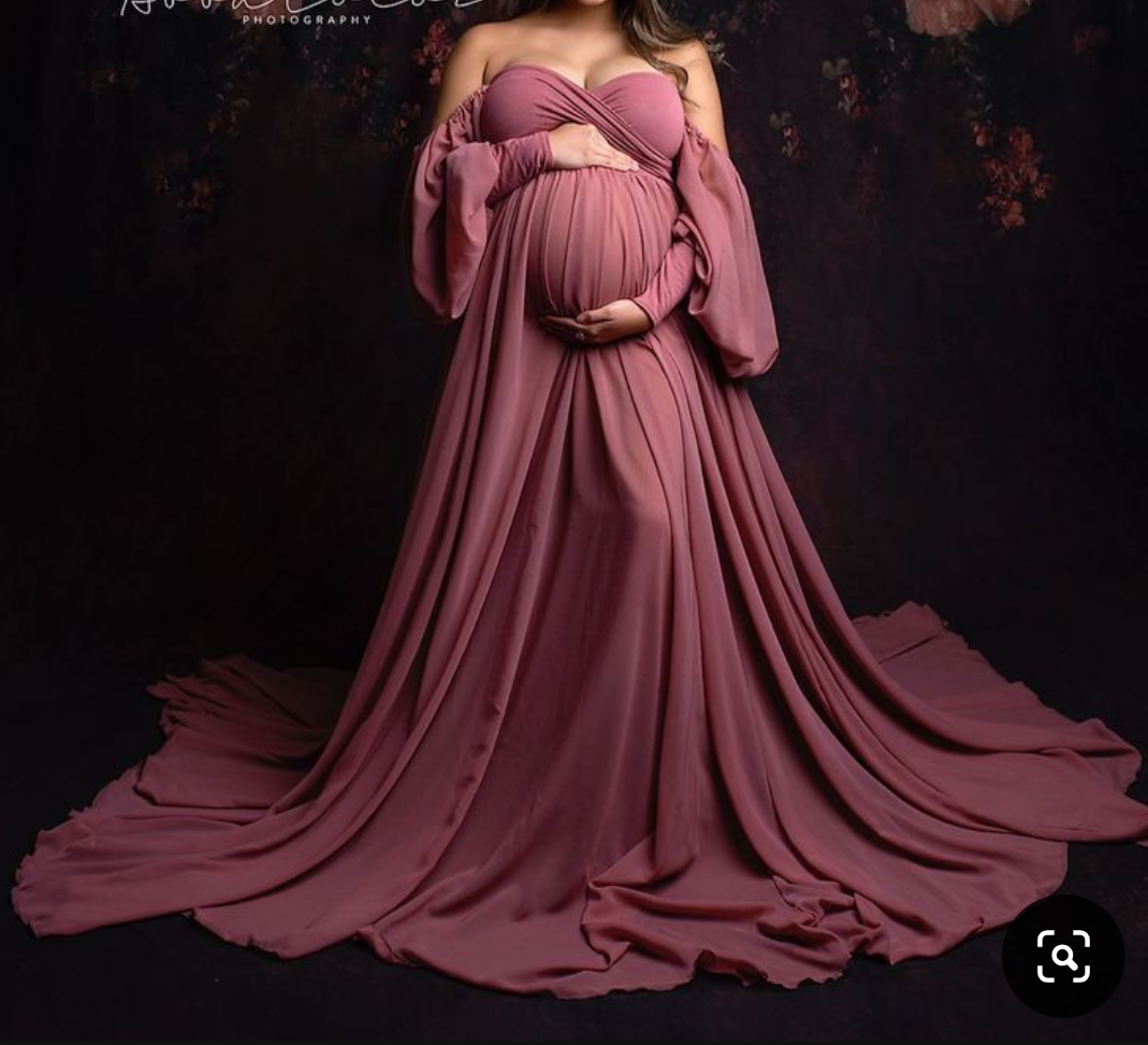 Onion Pink Balloon Sleeves Maternity Dress for Photoshoot
