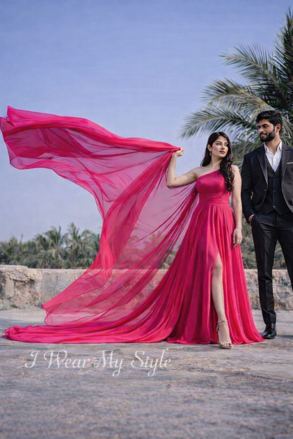Hot Pink One Shoulder Exquisite Prewedding Trail Gown with Slit