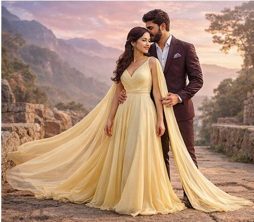 Beige V Neck Butterfly Winged Prewedding Trail Dress