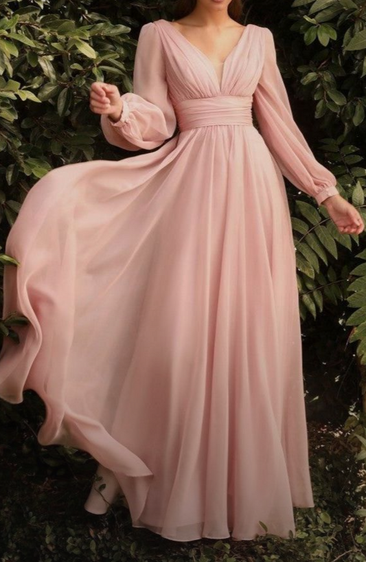 Peach V Neck Double Draped Princessa Maxi Dress