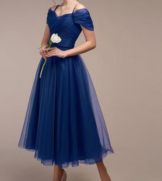 Navy Net Cross Drape Ruched Midi Bridesmaid Dress