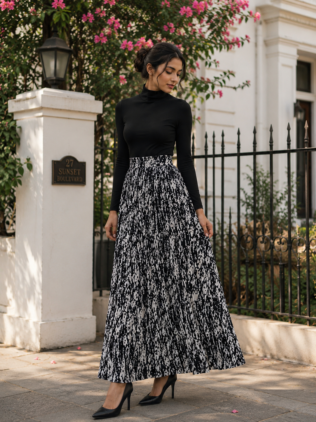 Elegant Monochrome Pleated Maxi Skirt Set