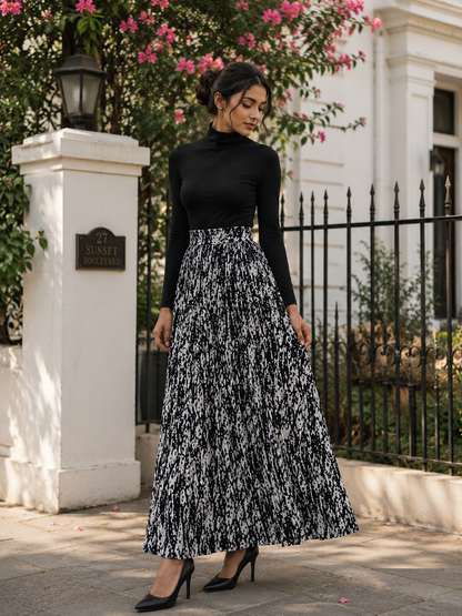 Elegant Monochrome Pleated Maxi Skirt Set