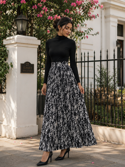 Elegant Monochrome Pleated Maxi Skirt Set
