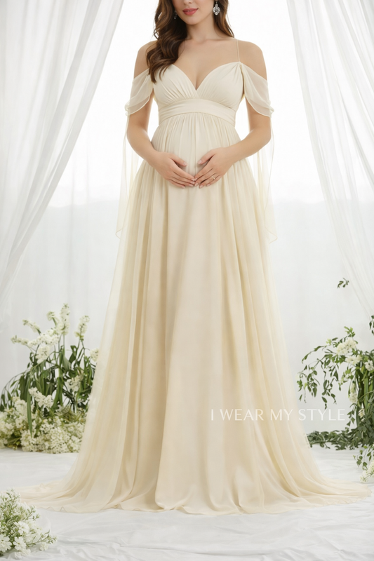Light Yellow Plunge Neck Cold Shoulder Maternity Dress