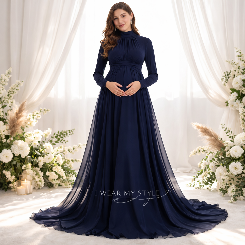 Midnight  Blue High Neck Lycra and Soft Net Maternity/Baby Shower Dress