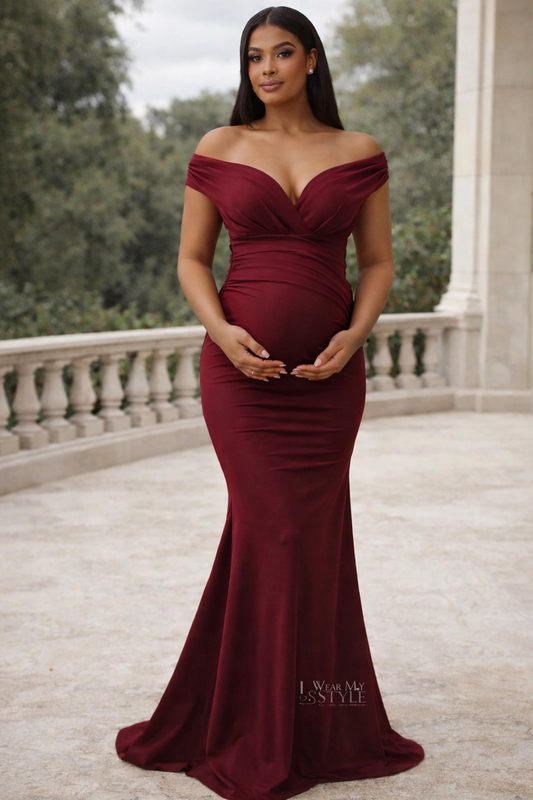 Maroon Lycra Off Shoulder Lycra Maternity Dress