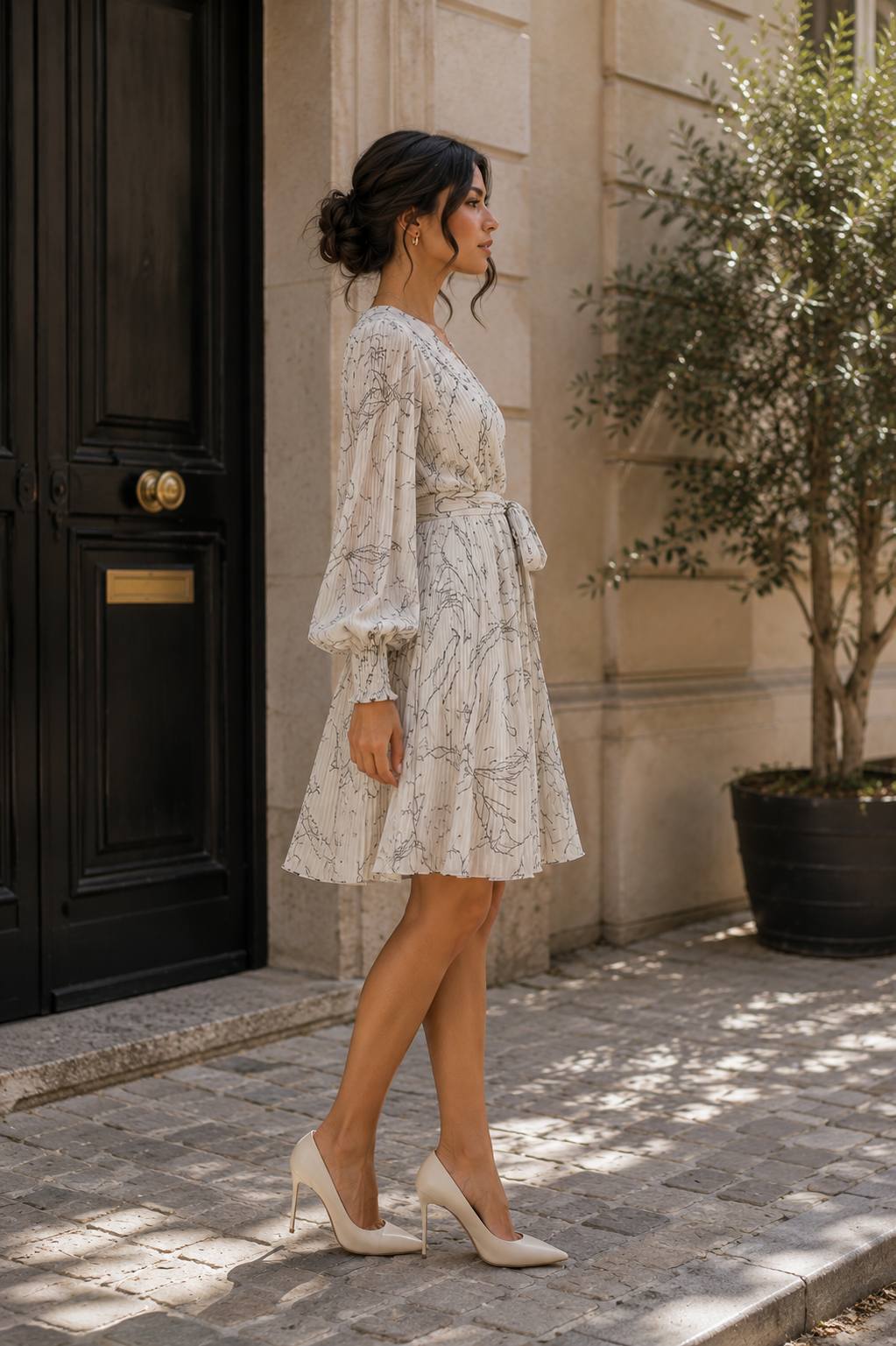 Soft Grey Print Pleated Wrap Midi Dress