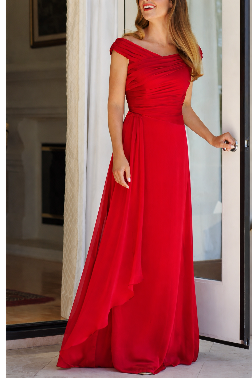 Red Cross Drape Georgette Occasion Wear Maxi Dress