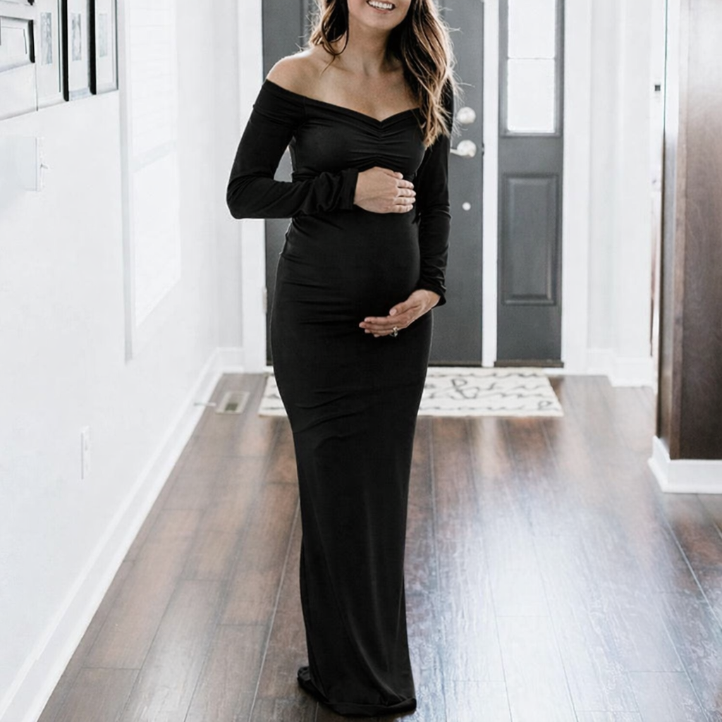 Black Maternity Solid White Off Shoulder Long Sleeve Dress