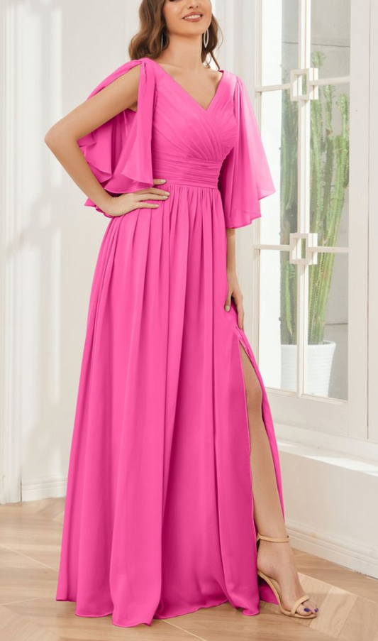 Pink Cross Draped Flutter Sleeves Dress