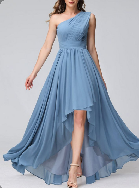 Dusty Blue One Shoulder Asymmetrical Flared Dress