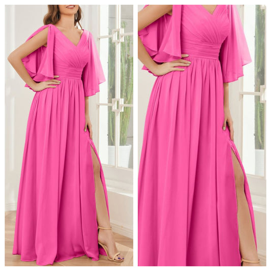 Pink Cross Draped Flutter Sleeves Dress