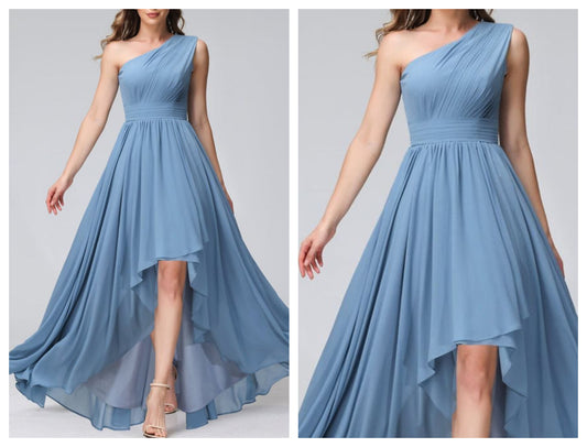 Dusty Blue One Shoulder Asymmetrical Flared Dress