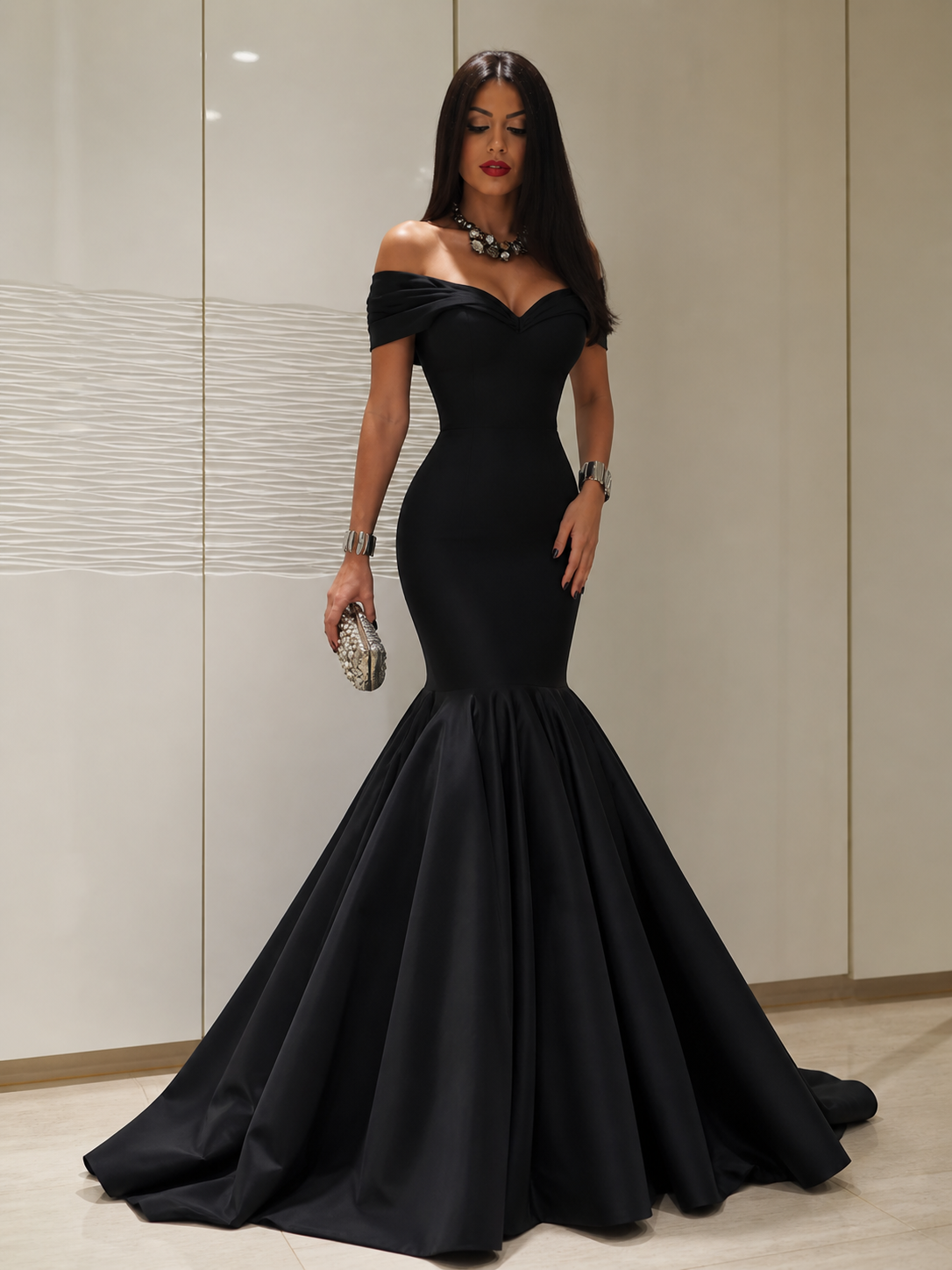 black off the shoulder fishtail dress Black Off Shoulder Fishtail Cut Black Formal Gown – iwearmystyle