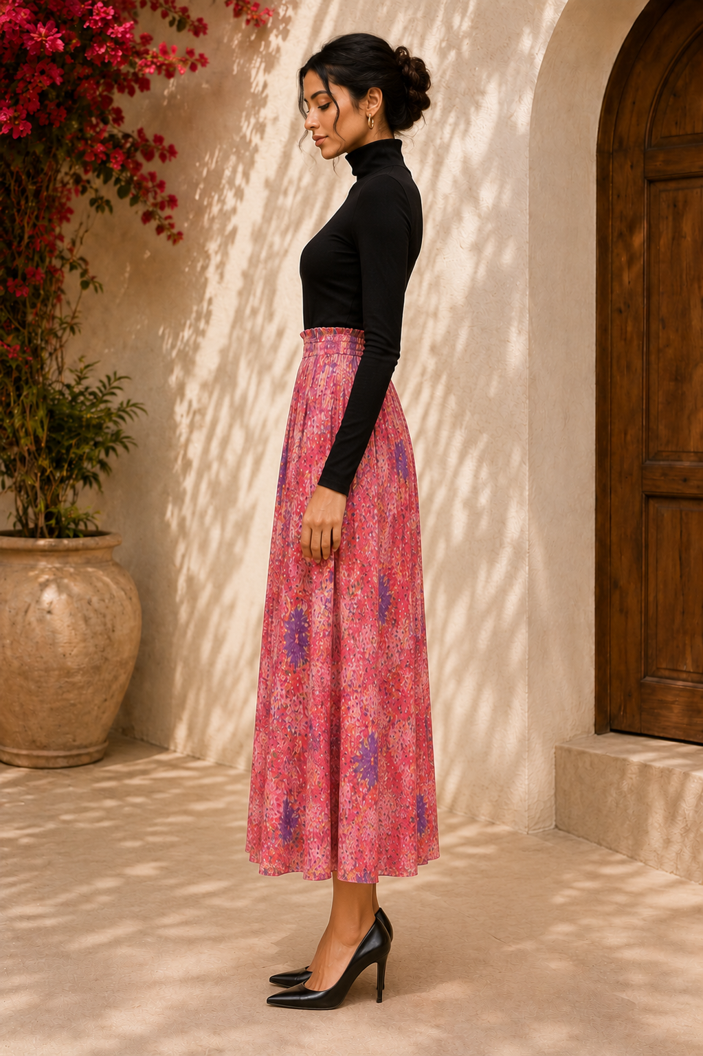 Pink Floral Pleated Maxi Skirt