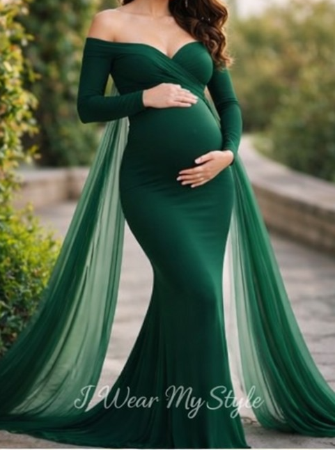 Green Lycra and Georgette Maternity Photoshoot Gown