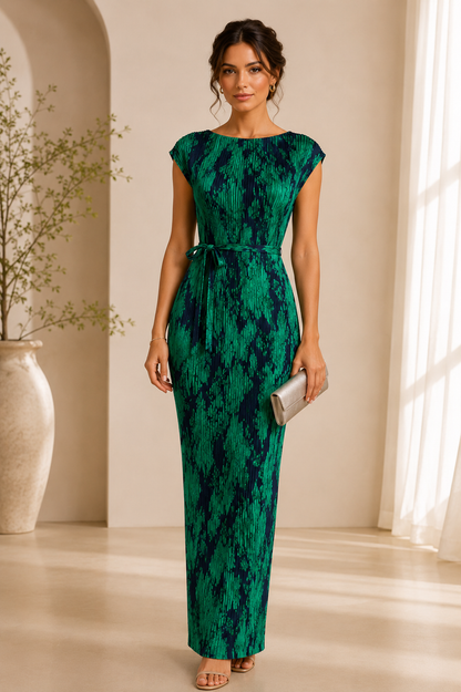 Emerald Green Abstract Print Pleated Maxi Dress