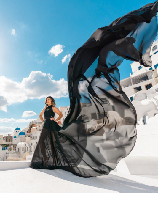 Black Georgette Mini Dress with Mega Trail Prewedding Gown
