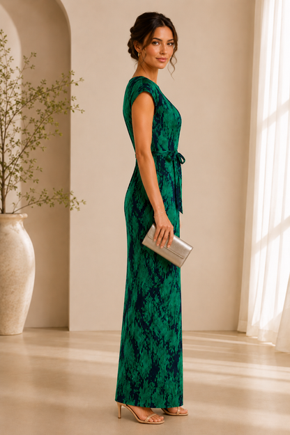 Emerald Green Abstract Print Pleated Maxi Dress