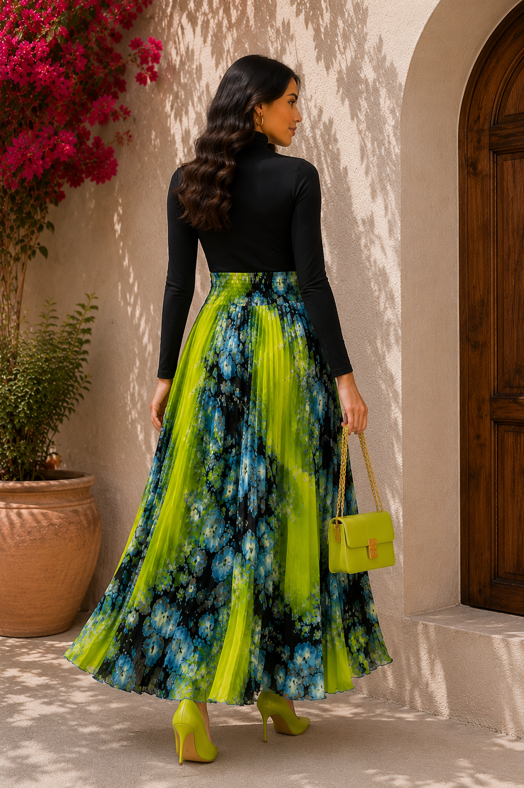 Lime Noir Floral Pleated Maxi Skirt