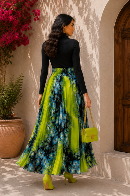 Lime Noir Floral Pleated Maxi Skirt
