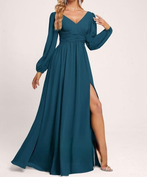 Teal Blue V Neck Draped Maxi Dress with Slit