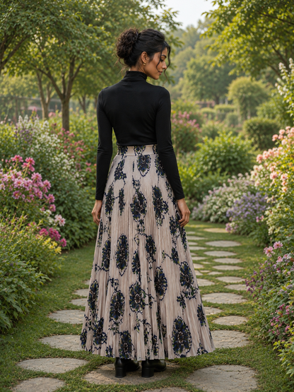 Ivory Bloom Pleated Maxi Skirt