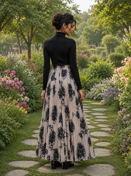 Ivory Bloom Pleated Maxi Skirt