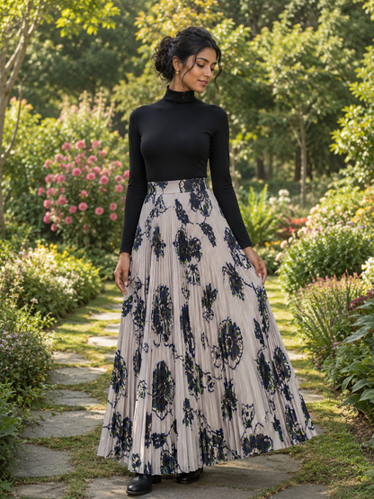 Ivory Bloom Pleated Maxi Skirt