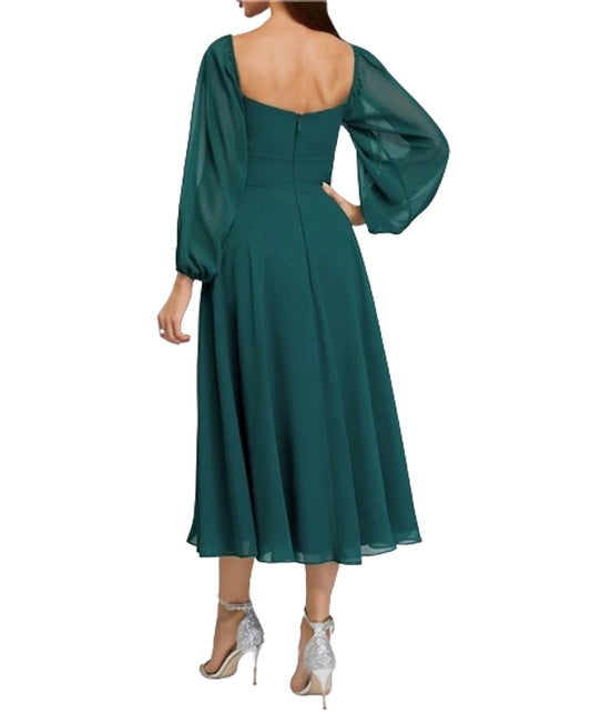 Green Georgette Midi Dress with Balloon Sleeves