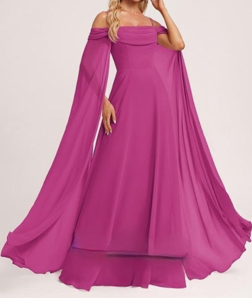 Fuchsia Princess Pink Cold Shoulder Trail Sleeves Maxi Dress