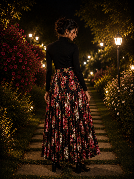 Midnight Garden Pleated Maxi Skirt