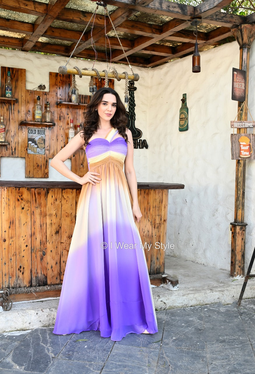 Lavender and Brown One Strap Ombre Ruched Dress
