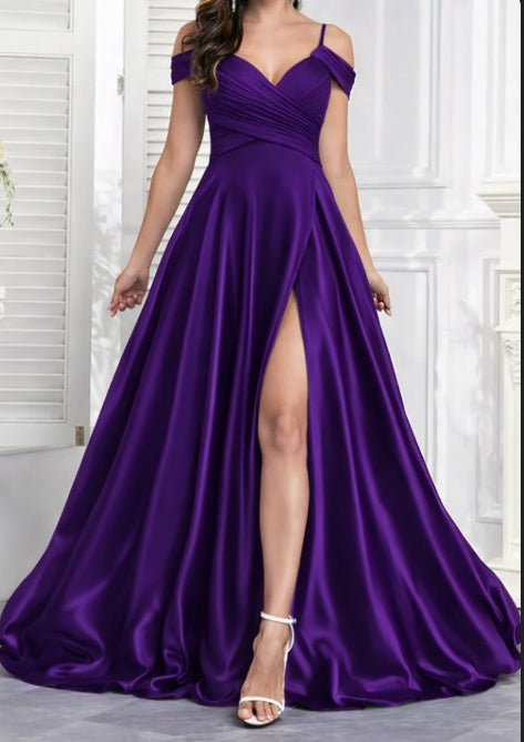 Purple Satin Sweetheart Neckline Maxi Dress with Slit