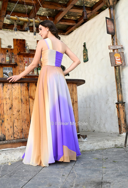 Lavender and Brown One Strap Ombre Ruched Dress