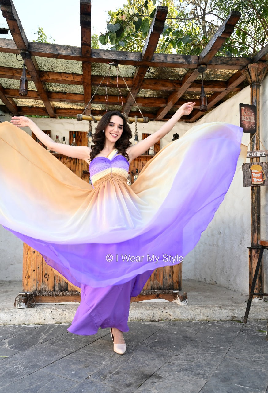 Lavender and Brown One Strap Ombre Ruched Dress