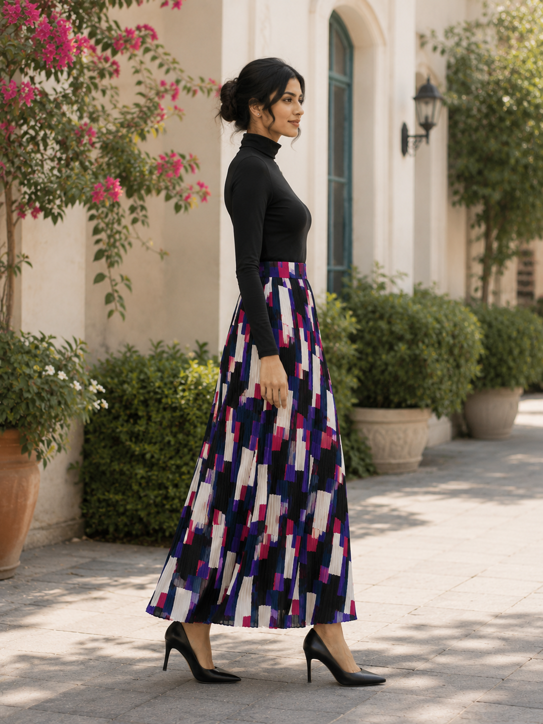 Multi-color geometric printed pleated midi skirt