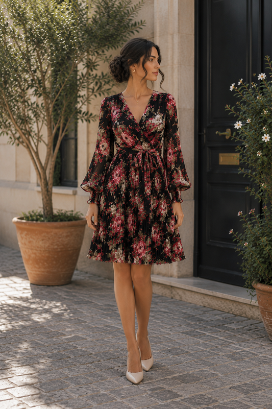 Vintage Floral Pleated Wrap Midi Dress