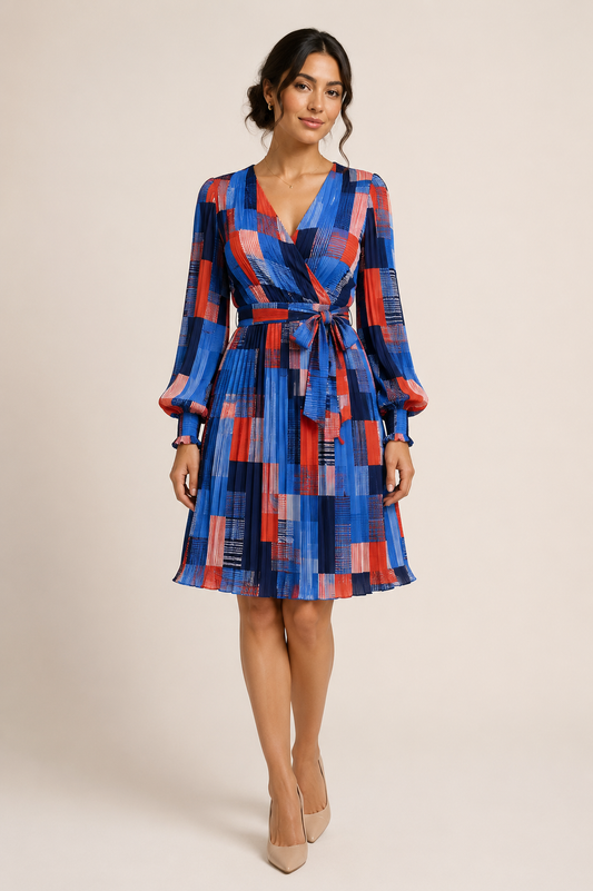 Patchwork Pleated Wrap Dress