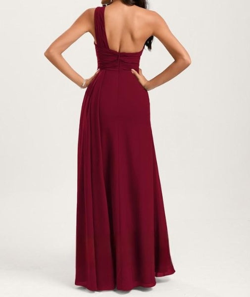 Maroon One Shoulder Floor-Length Georgette Bridesmaid Dress With Ruffle