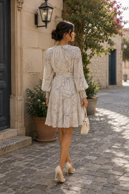 Soft Grey Print Pleated Wrap Midi Dress