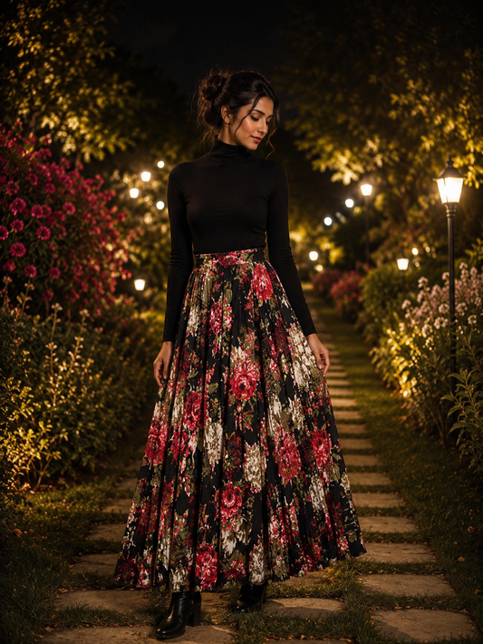 Midnight Garden Pleated Maxi Skirt
