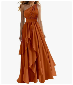 Rust One Shoulder Knotted Multiple Ruffled Dress